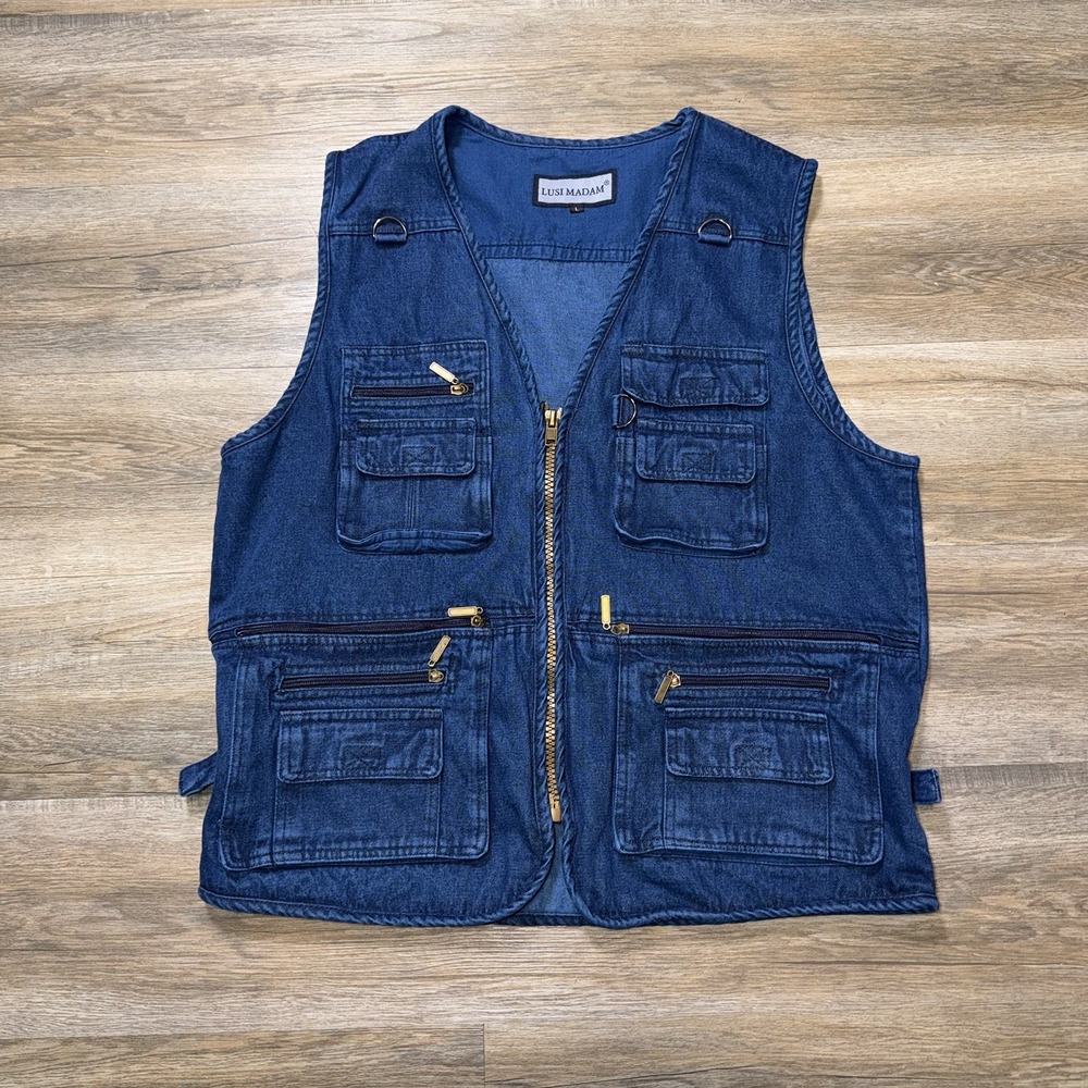 Lusi Madam Cargo Utility Denim Waistcoat Gilet Vest Jacket Mens Large Hunting